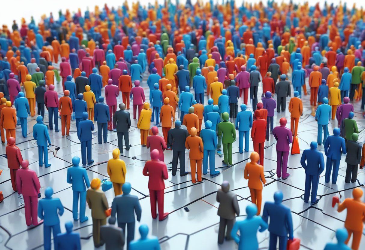 A vibrant representation of a diverse group of individuals exploring a bustling job market, surrounded by symbols of career growth like books, networking pins, and digital devices. The scene captures energy and enthusiasm, with a city skyline in the background showcasing various industries. Incorporate a bright color palette to convey optimism and opportunity. super-realistic. vibrant colors. 3D.