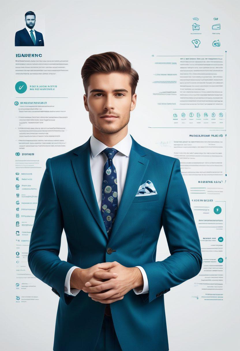 A split-screen composition showcasing a professional looking resume on one side and a confident person in a business suit preparing for an interview on the other. The background features subtle icons representing skills and career growth, such as gears, light bulbs, and briefcases. The color palette is a mix of calming blues and vibrant greens to evoke professionalism and positivity. super-realistic. vibrant colors. white background.