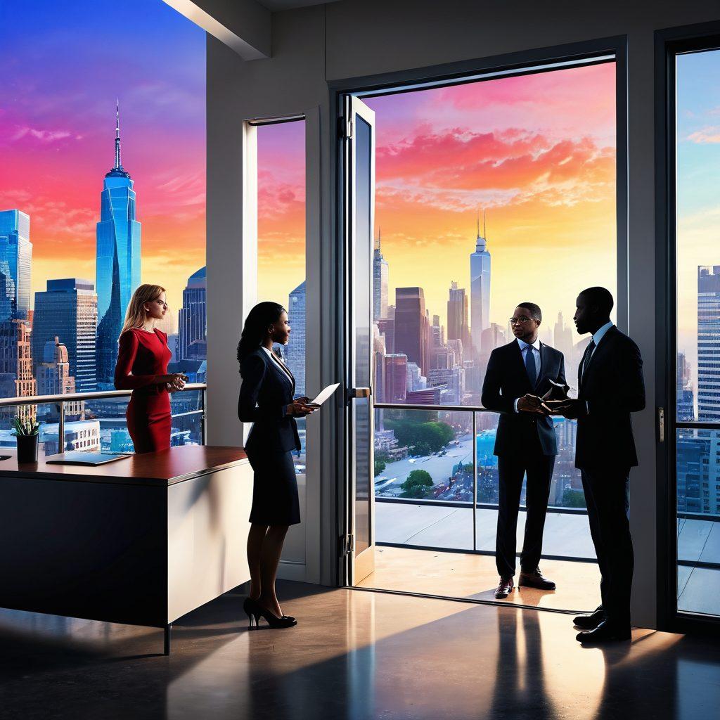A bright, open door symbolizing new career opportunities, with a path leading toward a vibrant city skyline. In the foreground, a diverse group of professionals, including a woman in business attire and a man with a laptop, discussing strategies and sharing ideas. Include motivational quotes subtly integrated into the background. Bright colors, inspiring atmosphere. super-realistic. vibrant colors. 3D.